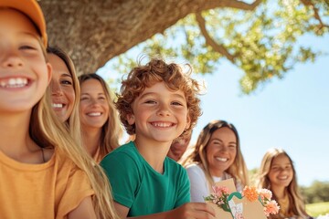 Obraz premium diverse group of mothers and children sharing warm smiles in sunny park setting encompassing different races and ages
