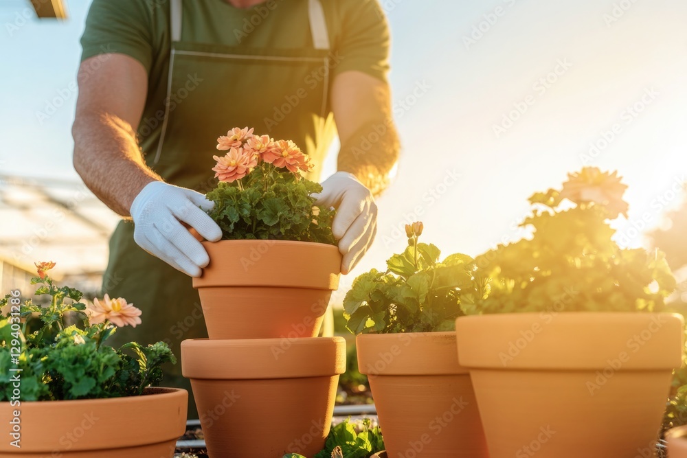 Poster dynamic image of gardener arranging flower pots during expo with soft sunlight and clean layout allo