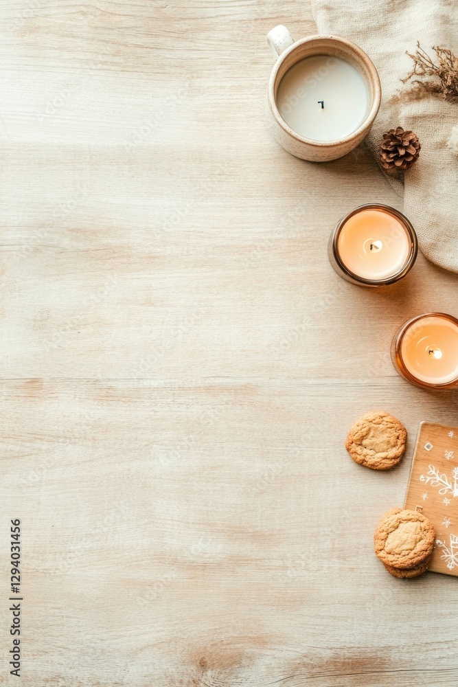 Poster flat lay of festive table setup with board game cookies and candles captured on rustic wooden surfac