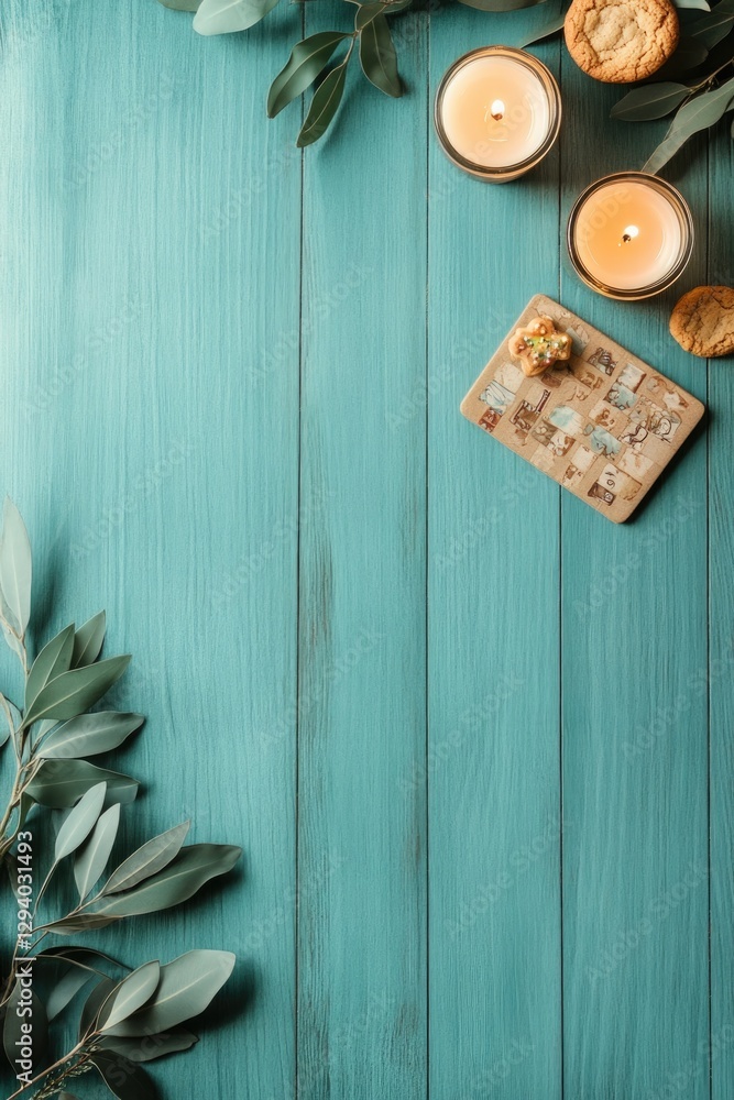 Poster flat lay of festive table setup with board game cookies and candles captured on rustic wooden surfac