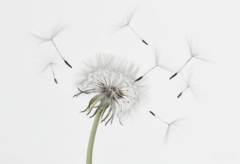 Eine minimalistische Illustration einer Pusteblume mit fliegenden Samen auf weißem Hintergrund. Zart, leicht und symbolisch für Wünsche und Neubeginn. Generative KI.