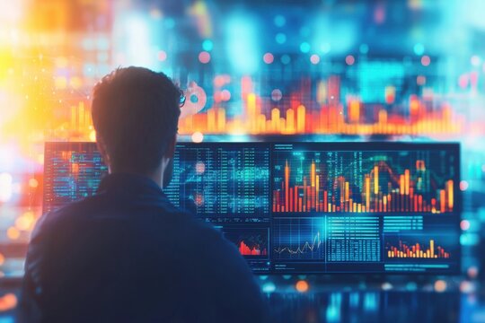 A programmer analyzing complex data and charts on multiple screens, showcasing data science and financial analysis in a futuristic, high-tech environment.