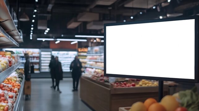 blank advertising go inside a supermarket next to fruits and vegetables