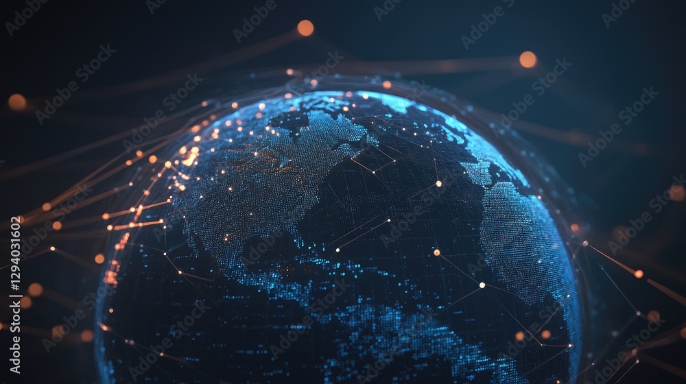 Poster holographic globe with interconnected data points representing real-time global communication.