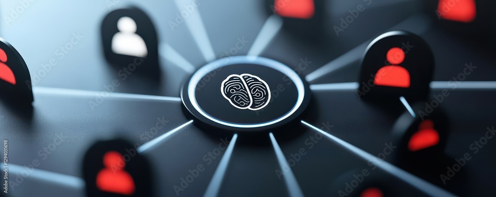 Poster network of connections with a central brain icon and user silhouettes representing collaboration and