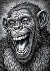 Expressionistic Smiling Monkey Portrait Artwork Featuring Laughter Joy Hair Detail