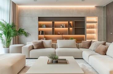 Modern living room with a beige sofa, neutral tones, and soft lighting, featuring an elegant coffee table in the center of the spacious space.