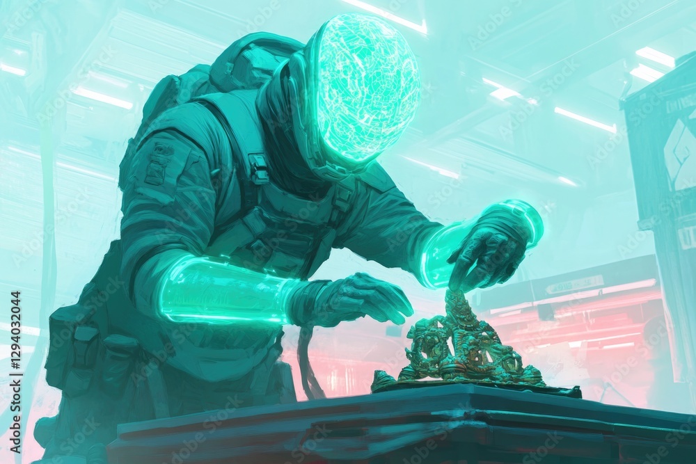 Poster humanoid alien trader in glowing suit showcasing intricate artifact on raised platform futuristic ma