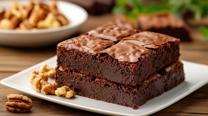 Decadent Brownies Delight: Indulge in a stack of rich, freshly baked chocolate brownies, tantalizingly arranged on a clean plate alongside walnuts, inviting a moment of sweet pleasure and indulgence.