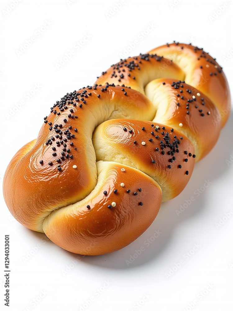 Poster a slice of braided bread sprinkled with poppy seeds is isolated on a plain white background in this 