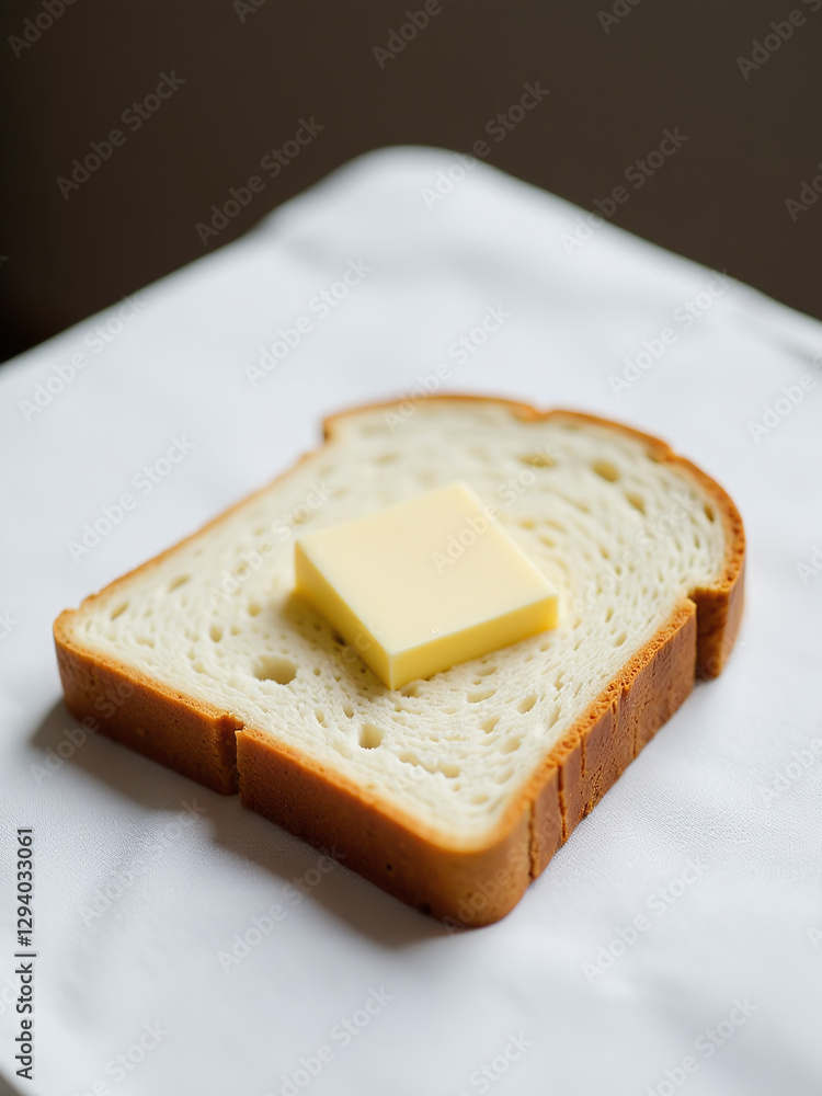 Aufkleber a simple slice of bread sits on a clean white tablecloth with a pat of butter placed on top.