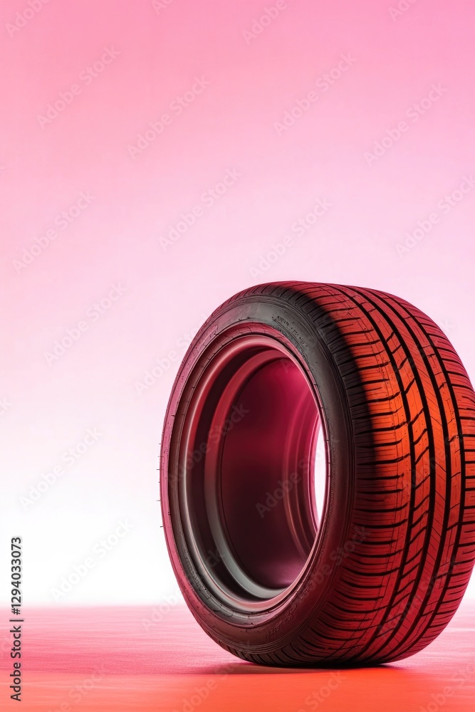 Poster minimalist setup of single tire displayed against solid-colored background illuminated by soft light