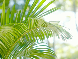 Close-up shot of tropical green palm leaves with sunlight filtering through. The image creates a feeling of being in a tropical paradise with nature's beauty and tranquility.