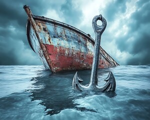 An old boat rests in the ocean water