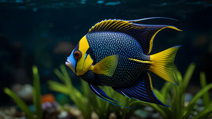 Naklejka premium Vibrant Blue Yellow Angelfish Aquarium Aquatic Life Vivid Colors