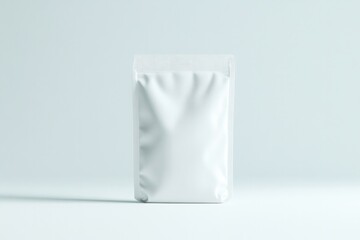 minimalistic mockup of matte white pouch with zip-lock positioned upright on pristine white surface