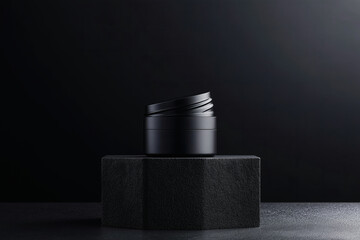 Black cosmetic jar on a display block, product shot