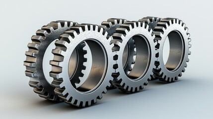 Four metal gears in line on a light gray background