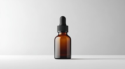 Amber glass dropper bottle with a black cap, mockup, isolated on a white background.