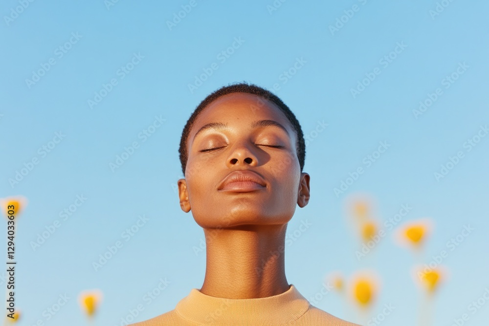 Poster minimalistic portrait of person with serene expression against blurred background that emphasizes co