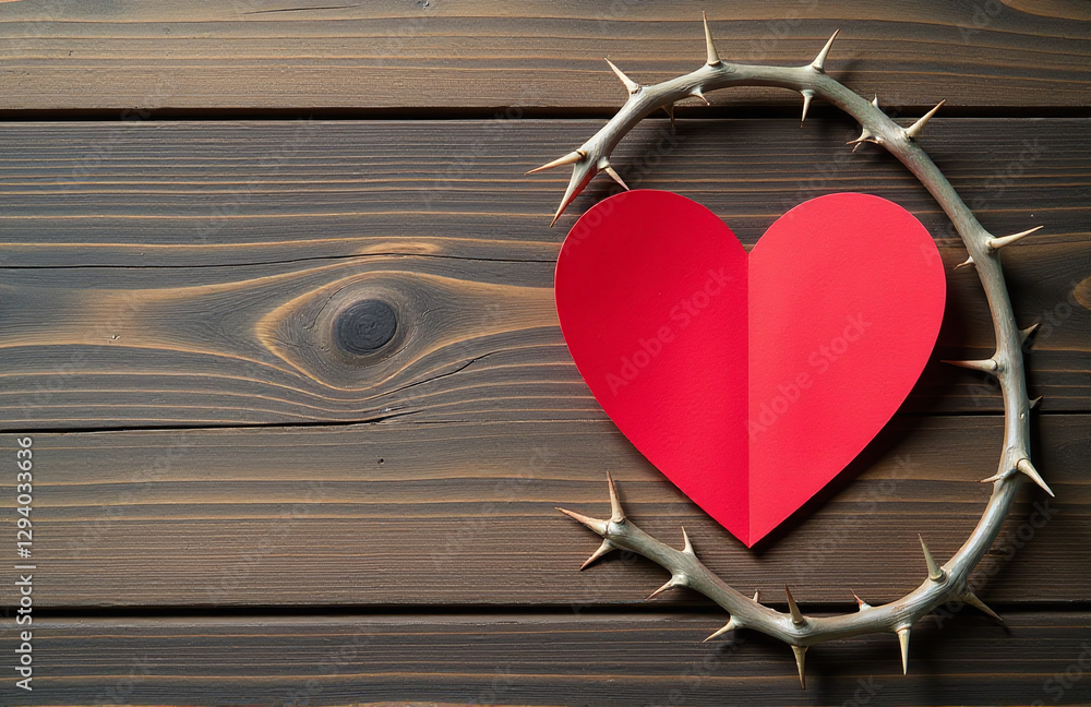 Poster a simple red paper heart is placed upon a wooden background adorned with a thorny crown.
