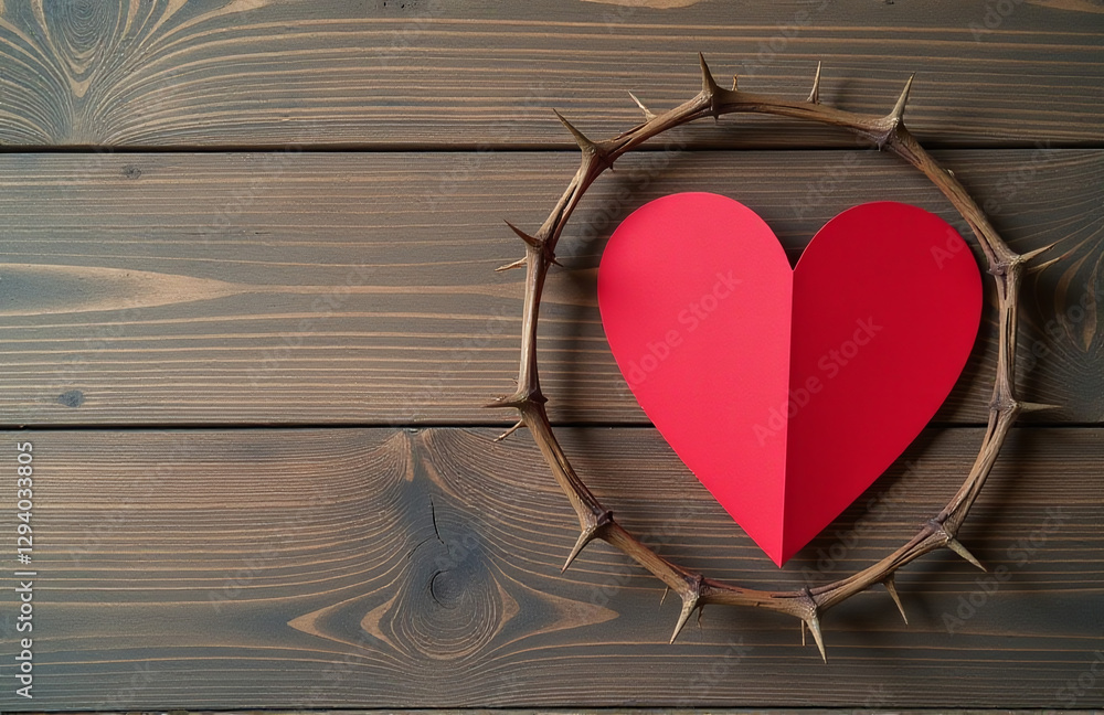 Poster a simple red paper heart is placed upon a wooden background adorned with a thorny crown.