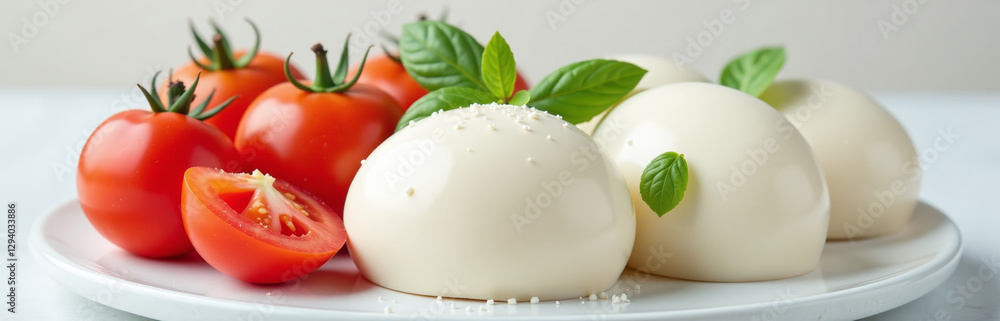 Aufkleber A Simple Composition Of Mozzarella Cheese And Fresh Tomatoes Set Against A Soft, Gentle Background.