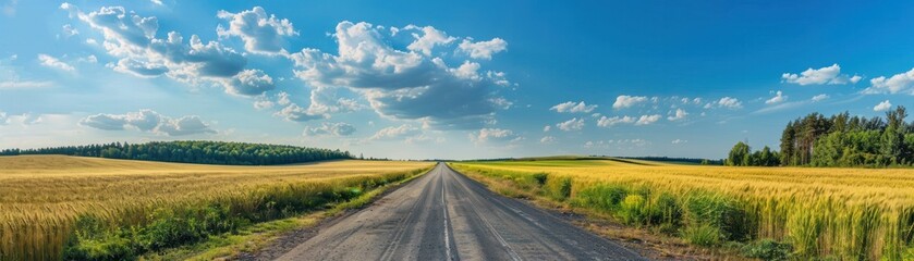 Fototapeta premium Landscape in countryside banner format with a wide field of cereals and a pasture divided by a deserted asphalt road way.