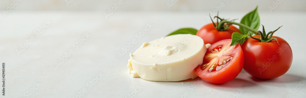 Poster A Simple Composition Of Mozzarella Cheese And Fresh Tomatoes Set Against A Soft, Gentle Background.