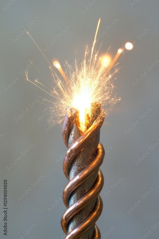 Poster captivating close up of a sparkler emitting vibrant sparks against a soft gray backdrop creating a c