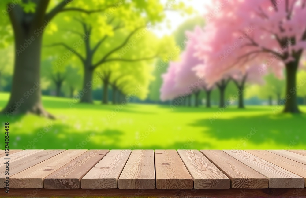 Poster A Serene Spring Setting Features An Empty Wooden Table In The Foreground Of A Lush Green Landscape.