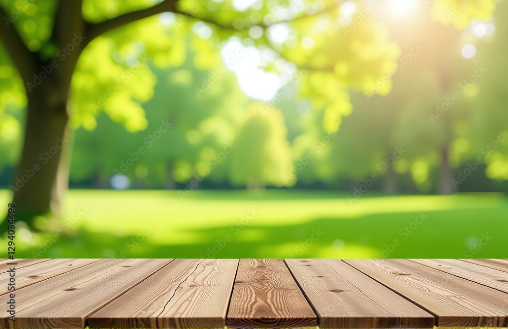 Poster A Serene Spring Setting Features An Empty Wooden Table In The Foreground Of A Lush Green Landscape.
