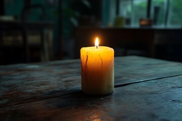 A Single Lit Candle Sitting on a Wooden Surface
