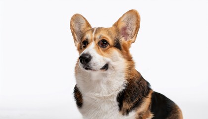 Elegant Welsh Corgi Pose on Spotless White Backdrop, Expressing Playful Charm with Soft Fur and Bemused Eyes