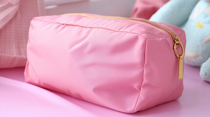 Compact travel bag with gold zippers sitting on a blush pink surface, chic and trendy