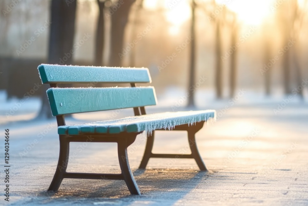 Poster park bench coated in frost sits under soft morning light with surrounding trees blurred in backgroun