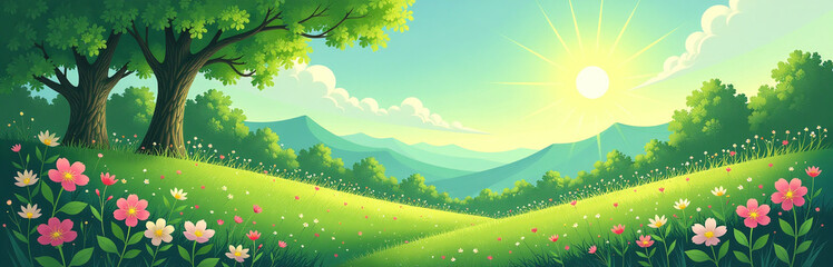 Obraz premium A Serene Abstract Painting Depicts A Vibrant Green Scene With Sun Shining Brightly Amidst Blooming Spring Foliage In A Lush Landscape.