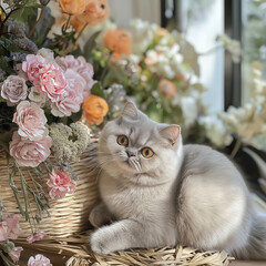 cat in a basket with peony flowers 