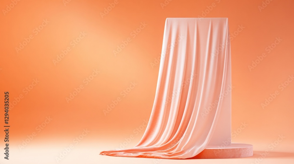 Poster podium with soft velvet fabric draping highlighted under warm diffused light surrounded by clean cop
