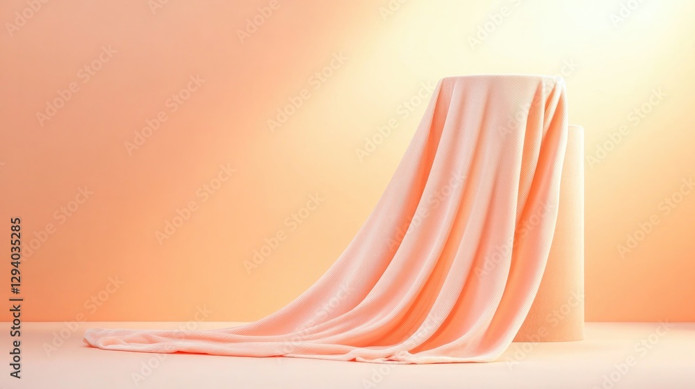 Poster podium with soft velvet fabric draping highlighted under warm diffused light surrounded by clean cop