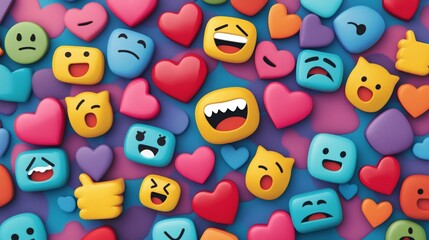 Fototapeta premium Colorful Background with Emoji Icons and Hearts for Social Media and Valentine's Day