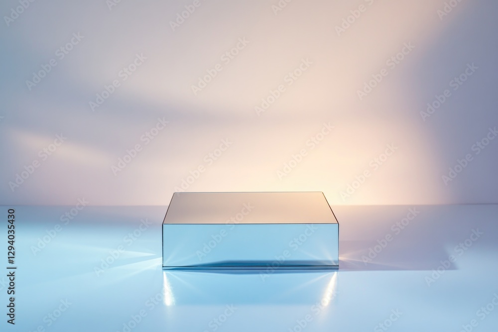 Poster reflective podium with mirrored surface highlighted by diffused lighting positioned in clean setting