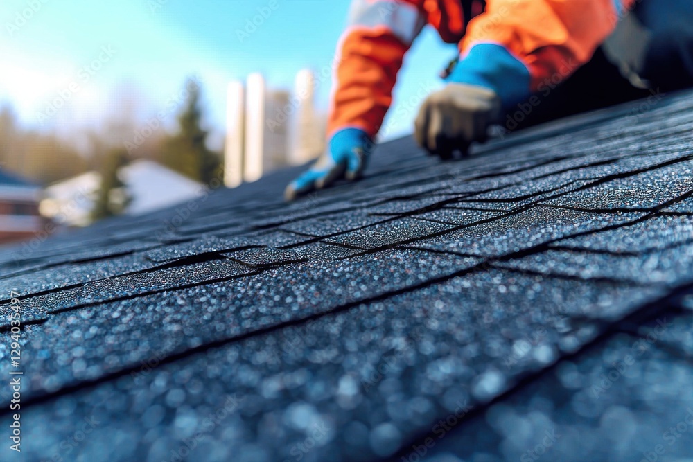 Poster a close-up view of a construction worker installing shingles on a rooftop, focusing on the craftsman