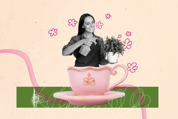 Sketch image artwork montage photo collage of young lady appear vintage team cup hold plat gardener...