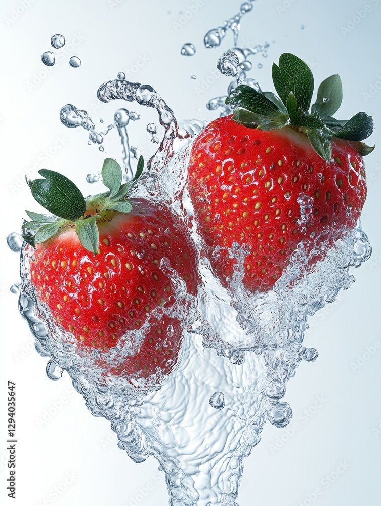 Poster fresh ripe strawberries splashing in clear water creating dynamic movement and refreshing sensation 