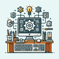 computer, technology, digital, business, communication, laptop, tech, device, design, pc, work, internet, office, web, desktop, monitor, employee, information, modern, data, electronic, vector, backgr