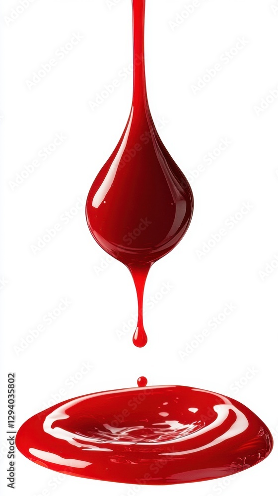 Poster captivating close up of a viscous red liquid drop falling into a pool creating ripples against a whi