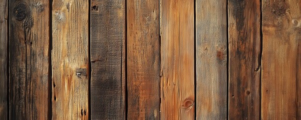 Fototapeta premium A close-up view of weathered wood planks forming a rustic fence, beautifully stained in rich brown hues.