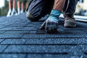 Close-up of a construction worker installing asphalt shingles on a roof, ensuring proper placement for long-lasting weather protection and quality home construction.