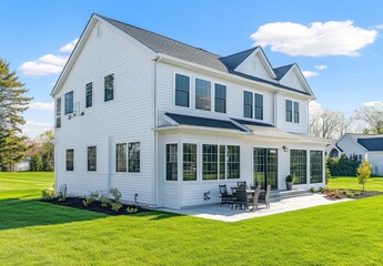 Obraz premium the exterior of an elegant modern farmhouse with white walls and a black roof, featuring large windows and a patio area.